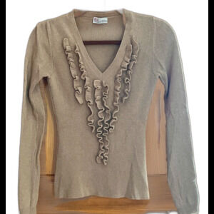 RED VALENTINO V Neck Ruffle Merino Wool Sweater Women Blush Coquette Feminine